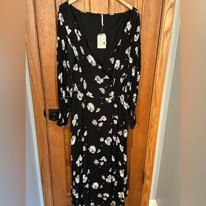 Free People Black Floral Midi Dress Empire Waist Sweetheart V-Neck Size L Prarie